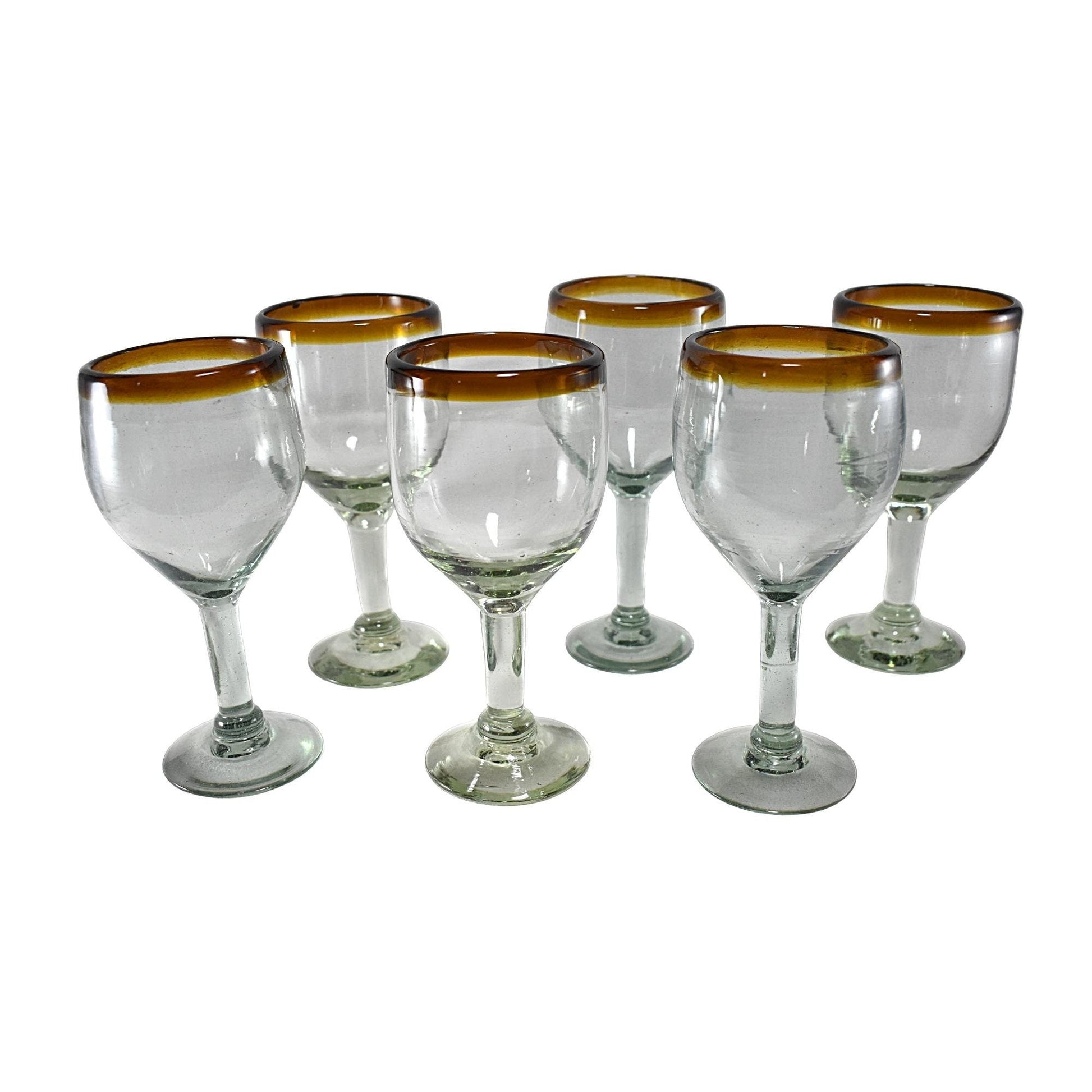 Copas de Vino | Set de 6 Piezas | | Vidrio Soplado | Artesanal (Filo Ámbar, 12 Fl. Oz.) - MAREY -