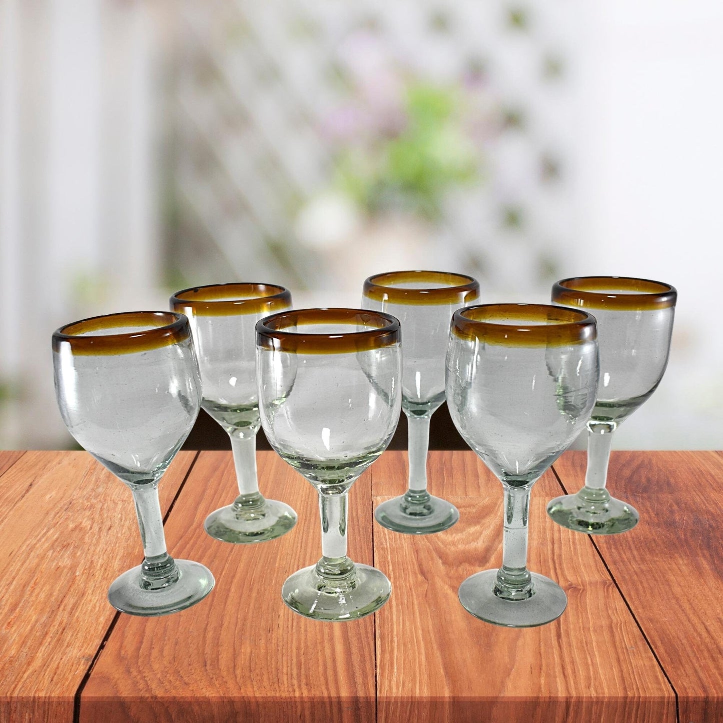 Copas de Vino | Set de 6 Piezas | | Vidrio Soplado | Artesanal (Filo Ámbar, 12 Fl. Oz.) - MAREY -
