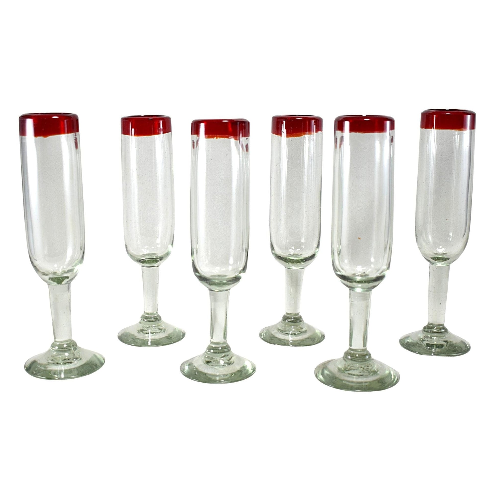 Copas de Vino | Vidrio Soplado | Set de 6 Piezas | Artesanal | (Filo Rojo, Flauta) - MAREY -