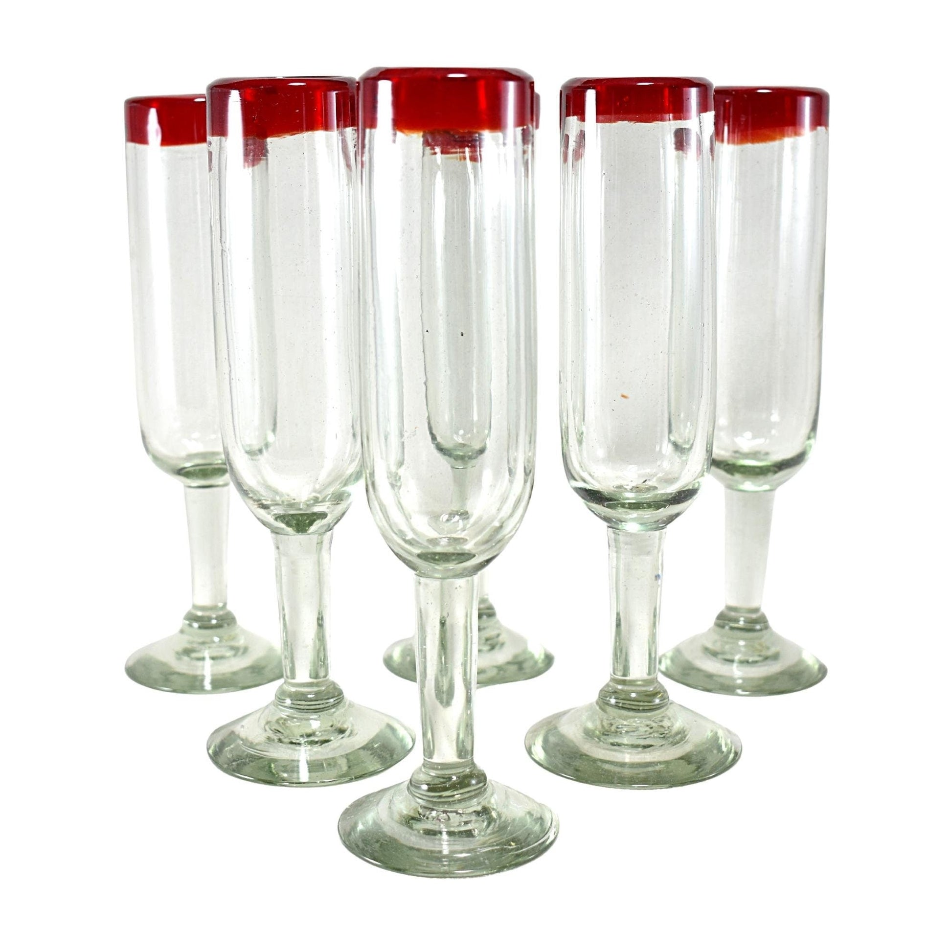 Copas de Vino | Vidrio Soplado | Set de 6 Piezas | Artesanal | (Filo Rojo, Flauta) - MAREY -