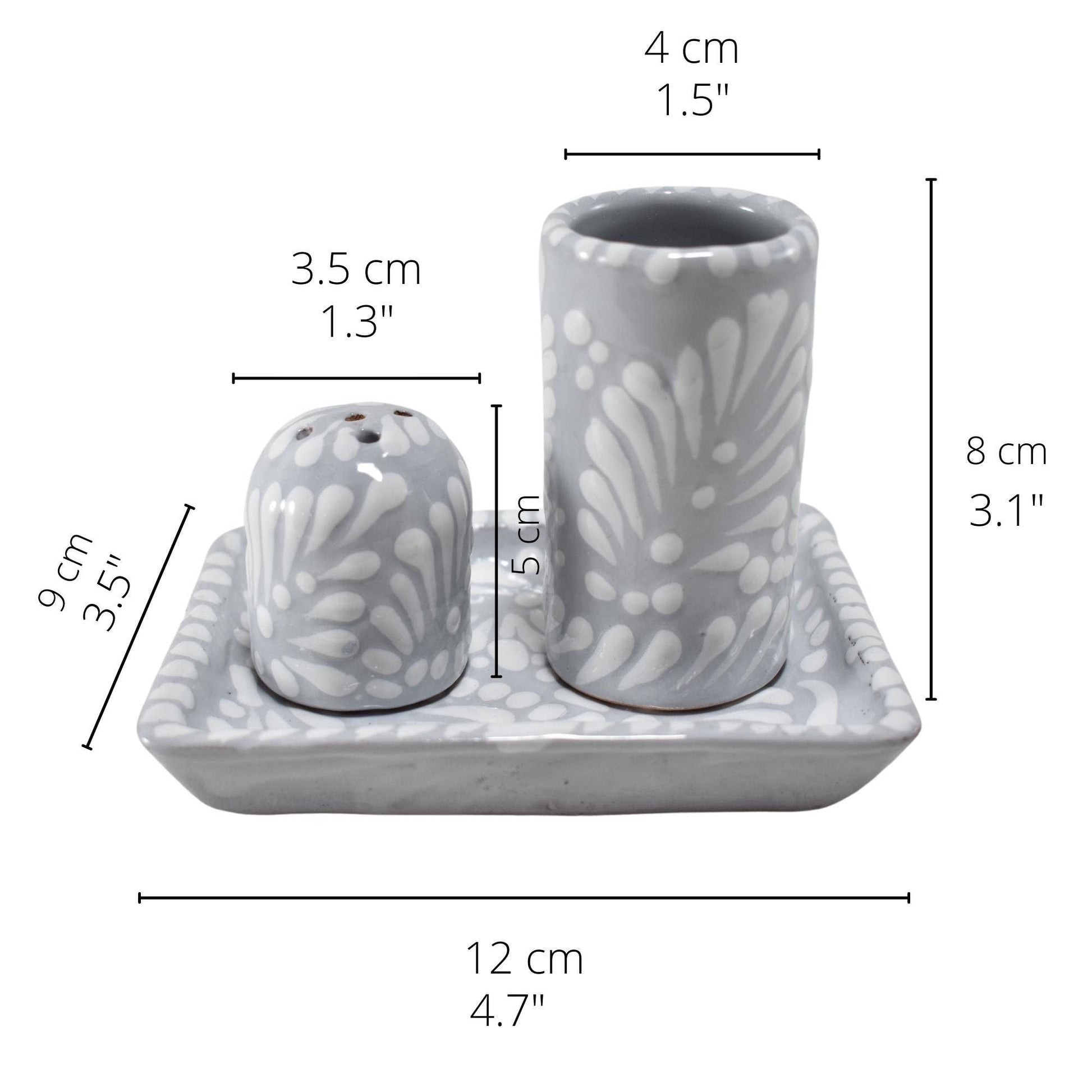 Set de Tequilero & Salero con Bandeja | Cerámica de Talavera Poblana (Gris Sobre Blanco, 2 Oz.) - MAREY -