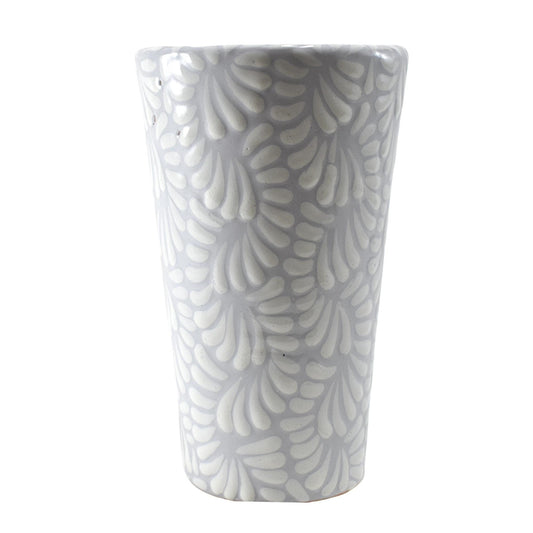 Vaso Largo tipo Termo | Taza de Café | Cerámica de Talavera | Hecho en Puebla, México | (Blanco sobre Gris, 12 Oz.) - MAREY -