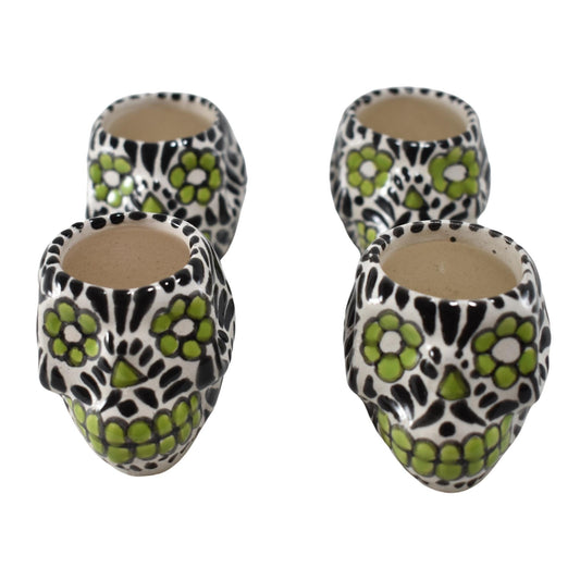 Vasos Mezcaleros | Calaverita | Cerámica de Talavera | Set de 4 Piezas | 100% Artesanal | (Decorado Verde & Negro, 2 Oz.) - MAREY -