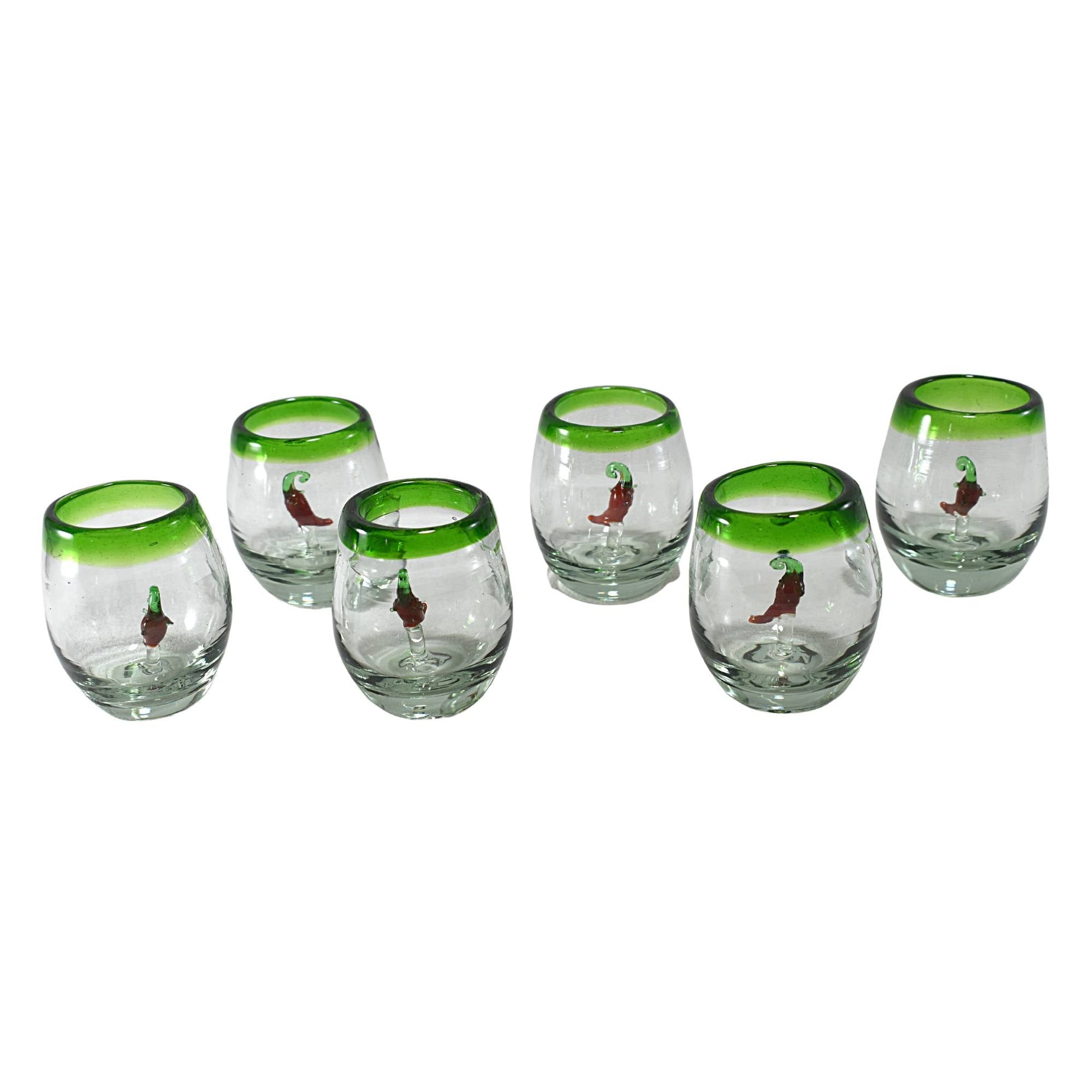 Vasos Mezcaleros | Set de 6 Piezas | Caballitos de Vidrio Soplado Artesanalmente en México (Filo Verde C/ Chile, Barril 2 Oz.) - MAREY -