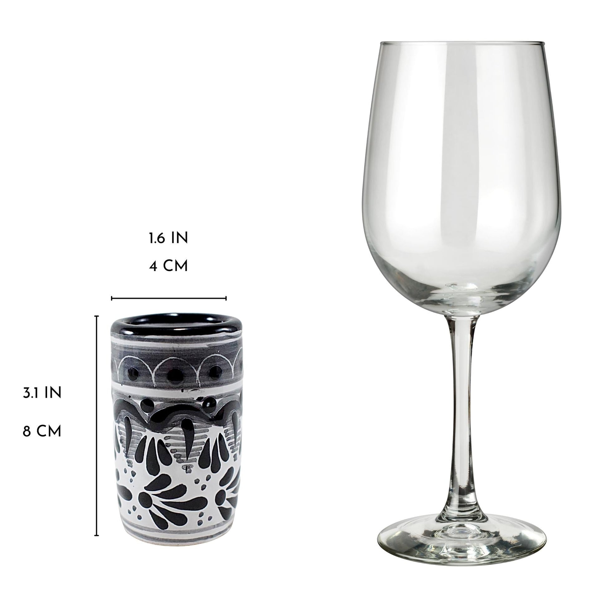 Vasos Tequileros | Cerámica de Talavera | Set de 6 Piezas | 100% Artesanal | (Decorado Negro, 2 Oz.) - MAREY - Vaso Tequilero