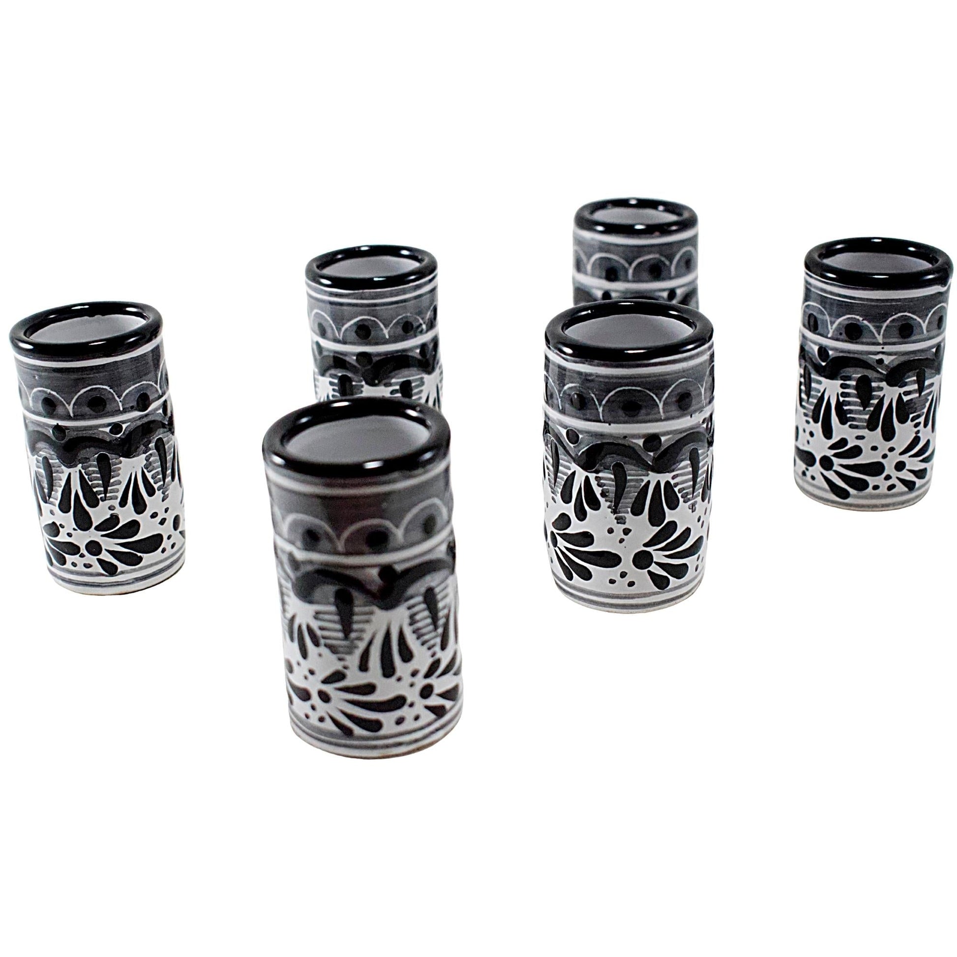 Vasos Tequileros | Cerámica de Talavera | Set de 6 Piezas | 100% Artesanal | (Decorado Negro, 2 Oz.) - MAREY - Vaso Tequilero
