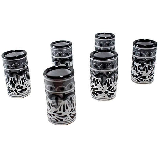 Vasos Tequileros | Cerámica de Talavera | Set de 6 Piezas | 100% Artesanal | (Decorado Negro, 2 Oz.) - MAREY - Vaso Tequilero