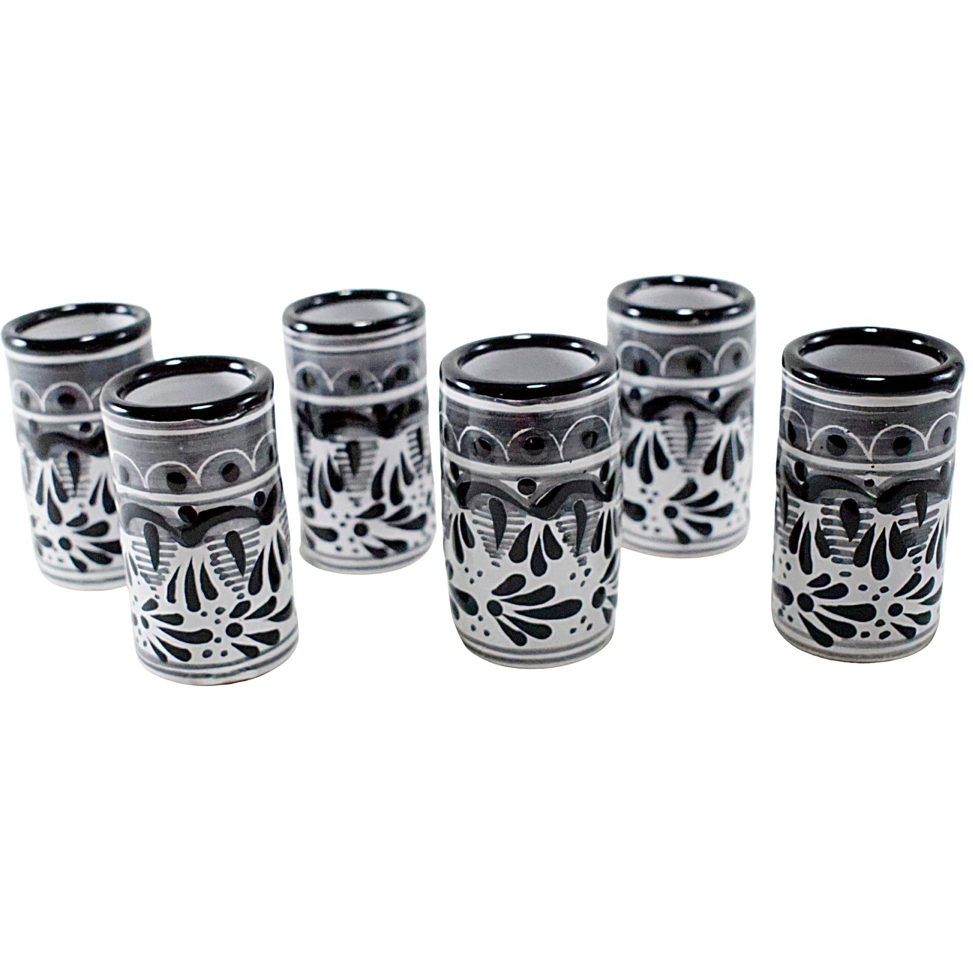 Vasos Tequileros | Cerámica de Talavera | Set de 6 Piezas | 100% Artesanal | (Decorado Negro, 2 Oz.) - MAREY - Vaso Tequilero