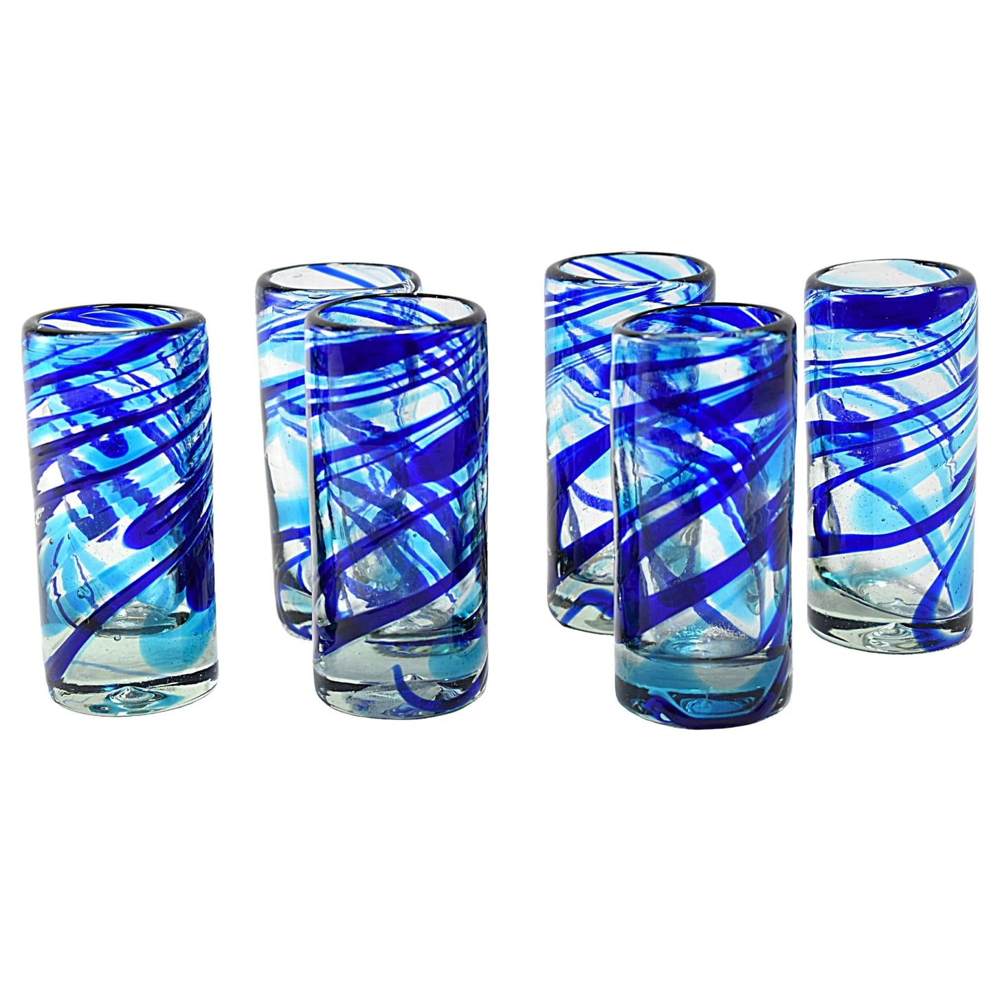 Vasos Tequileros de Vidrio Soplado Artesanalmente en México | Set de 6 Piezas |(Espiral Aqua & Cobalto, 2 Oz.) - MAREY -