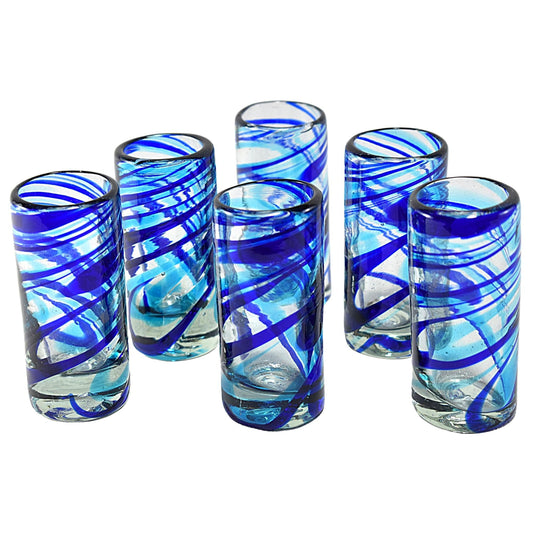 Vasos Tequileros de Vidrio Soplado Artesanalmente en México | Set de 6 Piezas |(Espiral Aqua & Cobalto, 2 Oz.) - MAREY -