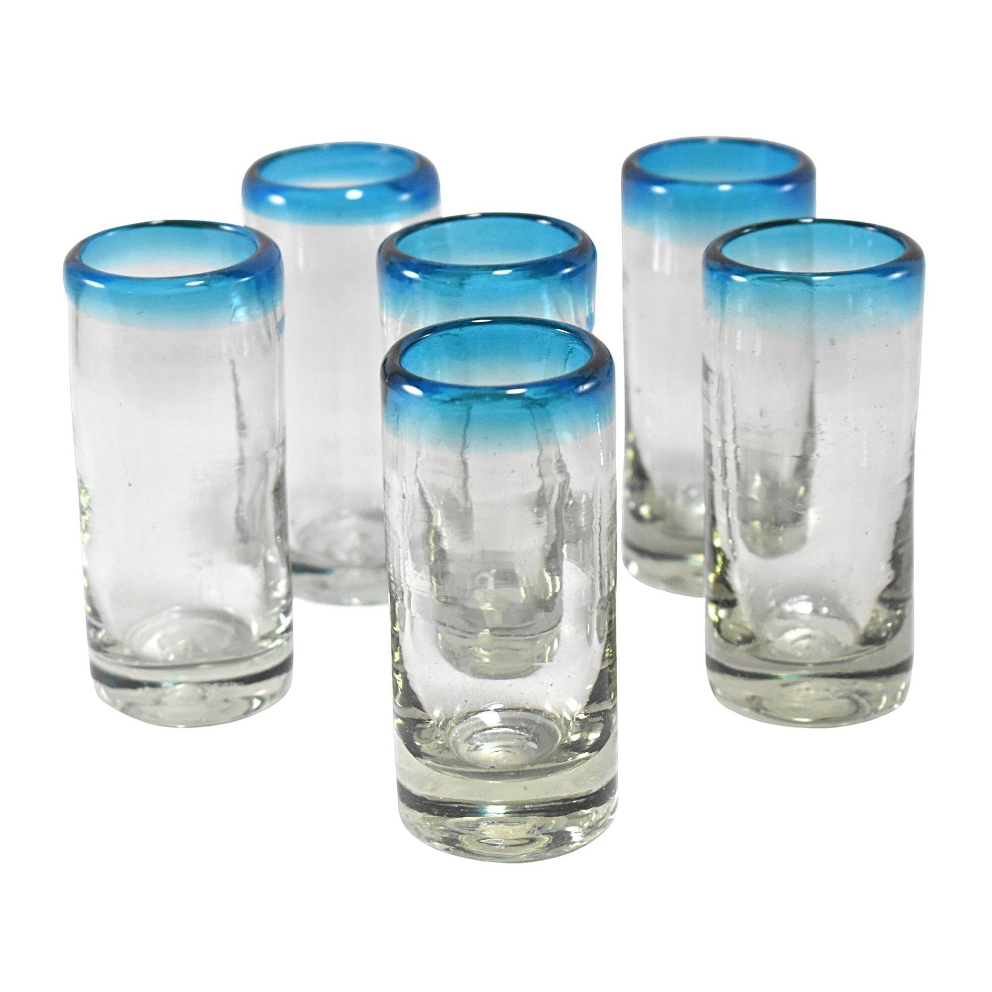 Vasos Tequileros | Vidrio Soplado Artesanalmente en México | Set de 6 Piezas | (Filo Aqua, 2 Oz.) - MAREY -