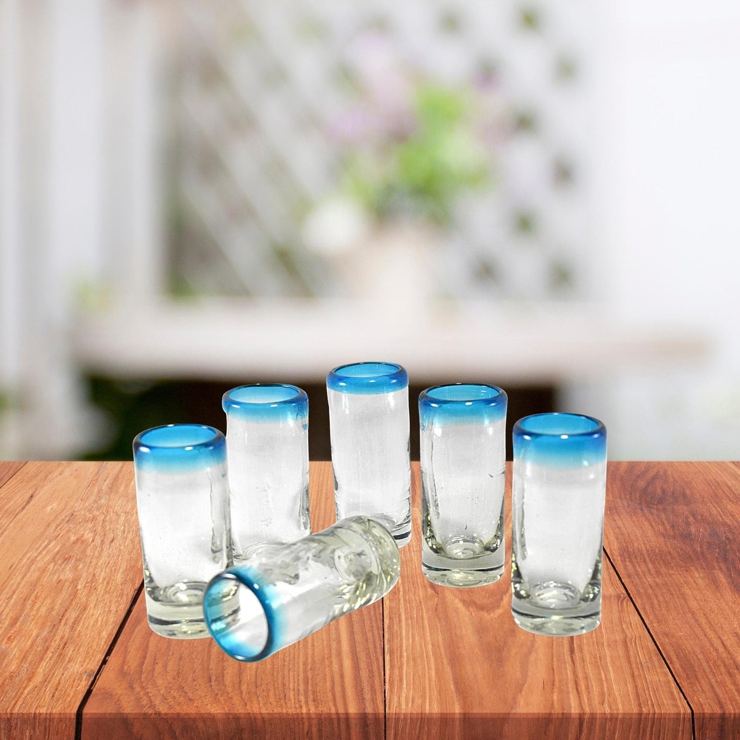 Vasos Tequileros | Vidrio Soplado Artesanalmente en México | Set de 6 Piezas | (Filo Aqua, 2 Oz.) - MAREY -
