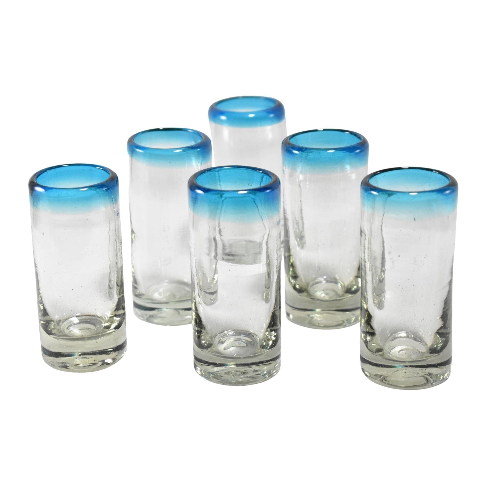 Vasos Tequileros | Vidrio Soplado Artesanalmente en México | Set de 6 Piezas | (Filo Aqua, 2 Oz.) - MAREY -