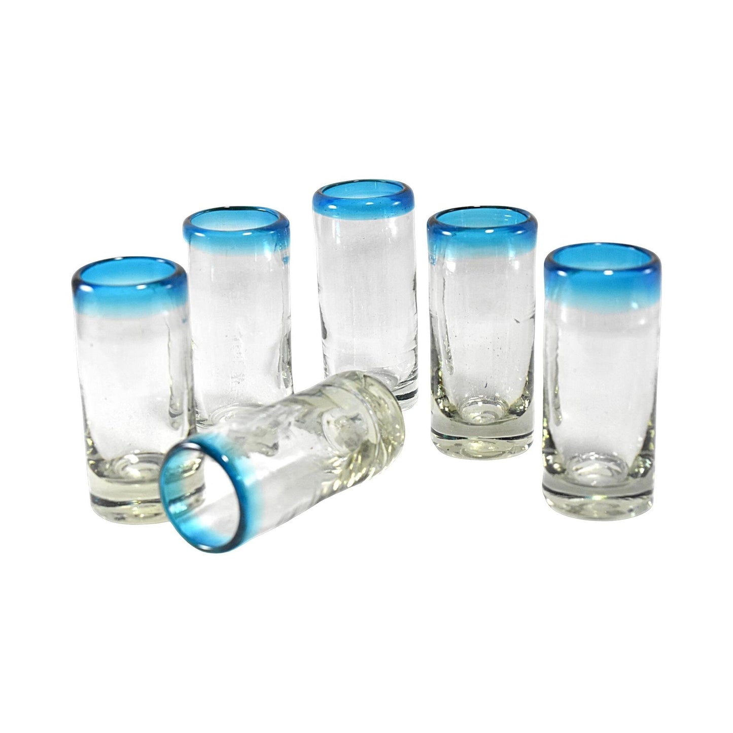 Vasos Tequileros | Vidrio Soplado Artesanalmente en México | Set de 6 Piezas | (Filo Aqua, 2 Oz.) - MAREY -