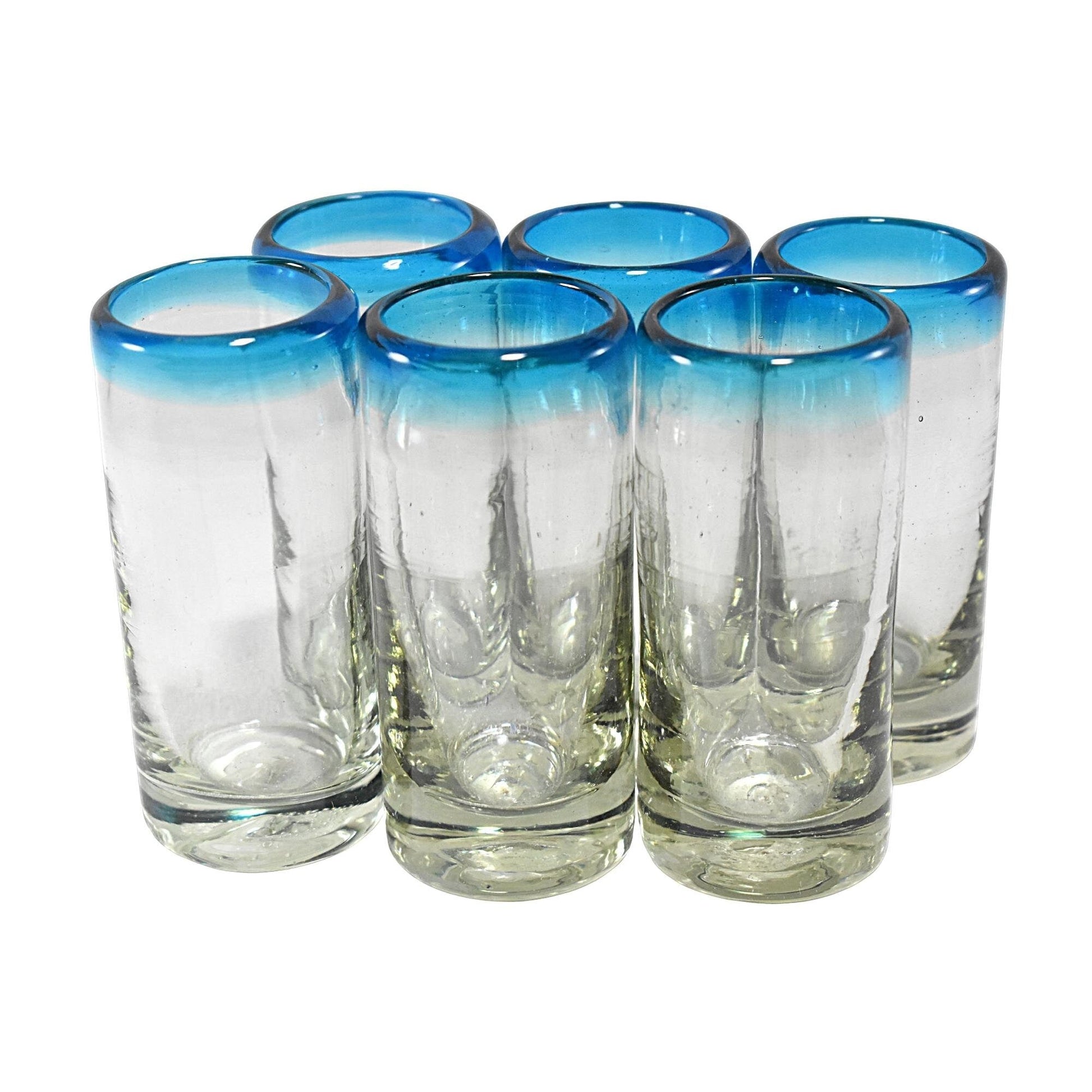 Vasos Tequileros | Vidrio Soplado Artesanalmente en México | Set de 6 Piezas | (Filo Aqua, 2 Oz.) - MAREY -
