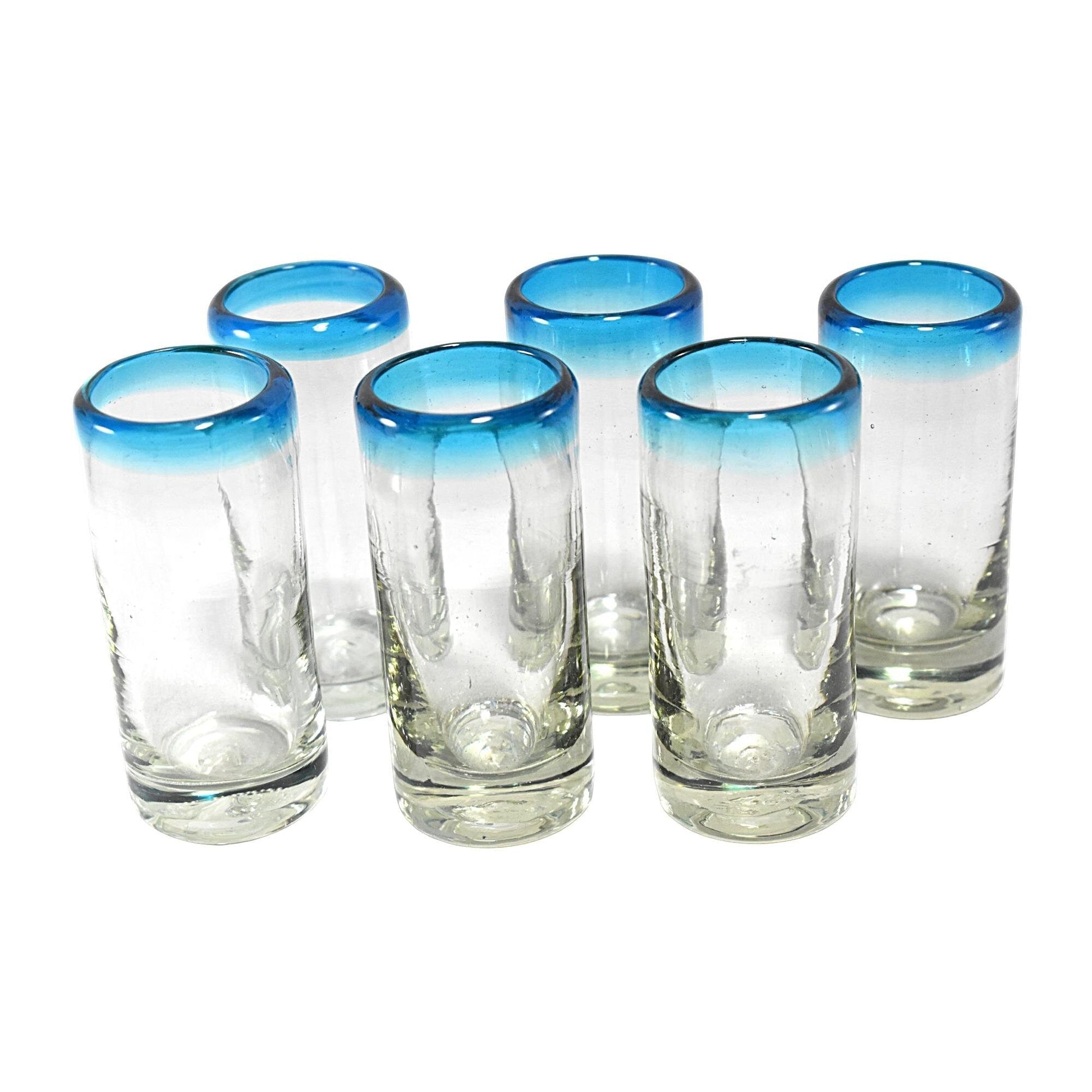 Vasos Tequileros | Vidrio Soplado Artesanalmente en México | Set de 6 Piezas | (Filo Aqua, 2 Oz.) - MAREY -