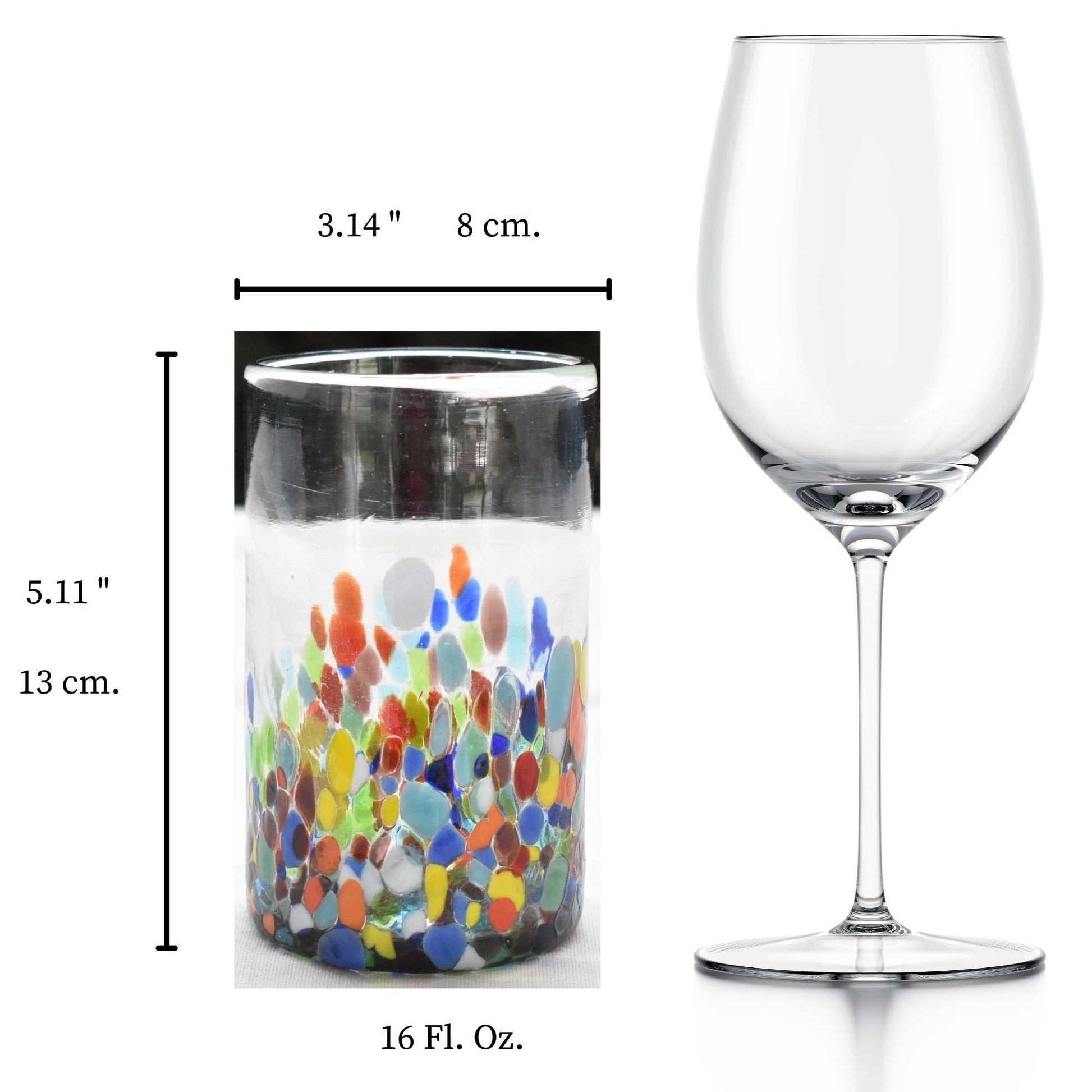 Vasos Vidrio Soplado Para Agua | Set de 6 Piezas | Hechos Artesanalmente en México | (Confetti Multicolor, 16 Oz.) - MAREY -