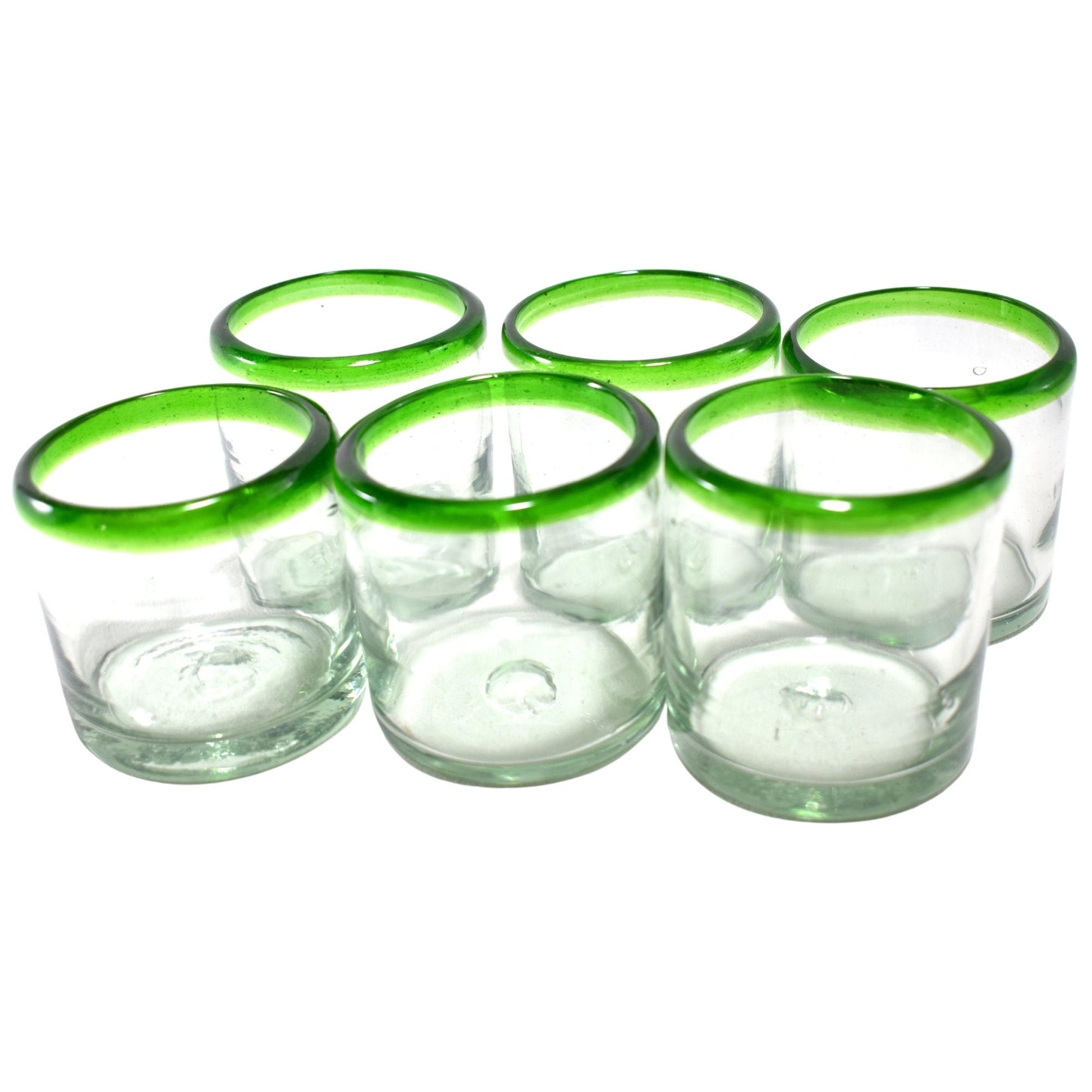 Vasos Vidrio Soplado | Set de 6 Piezas | Hechos Artesanalmente en México |(Filo Verde, Old Fashioned 8 Oz.) - MAREY -