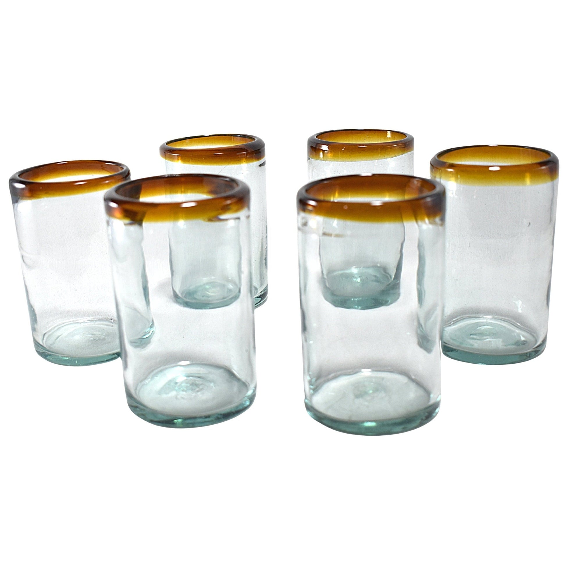 Vasos Vidrio Soplado | Set de 6 Piezas | Hechos Artesanalmente en México | Vaso Old Fashioned | (Filo Ámbar, Agua 16 Oz.) - MAREY -