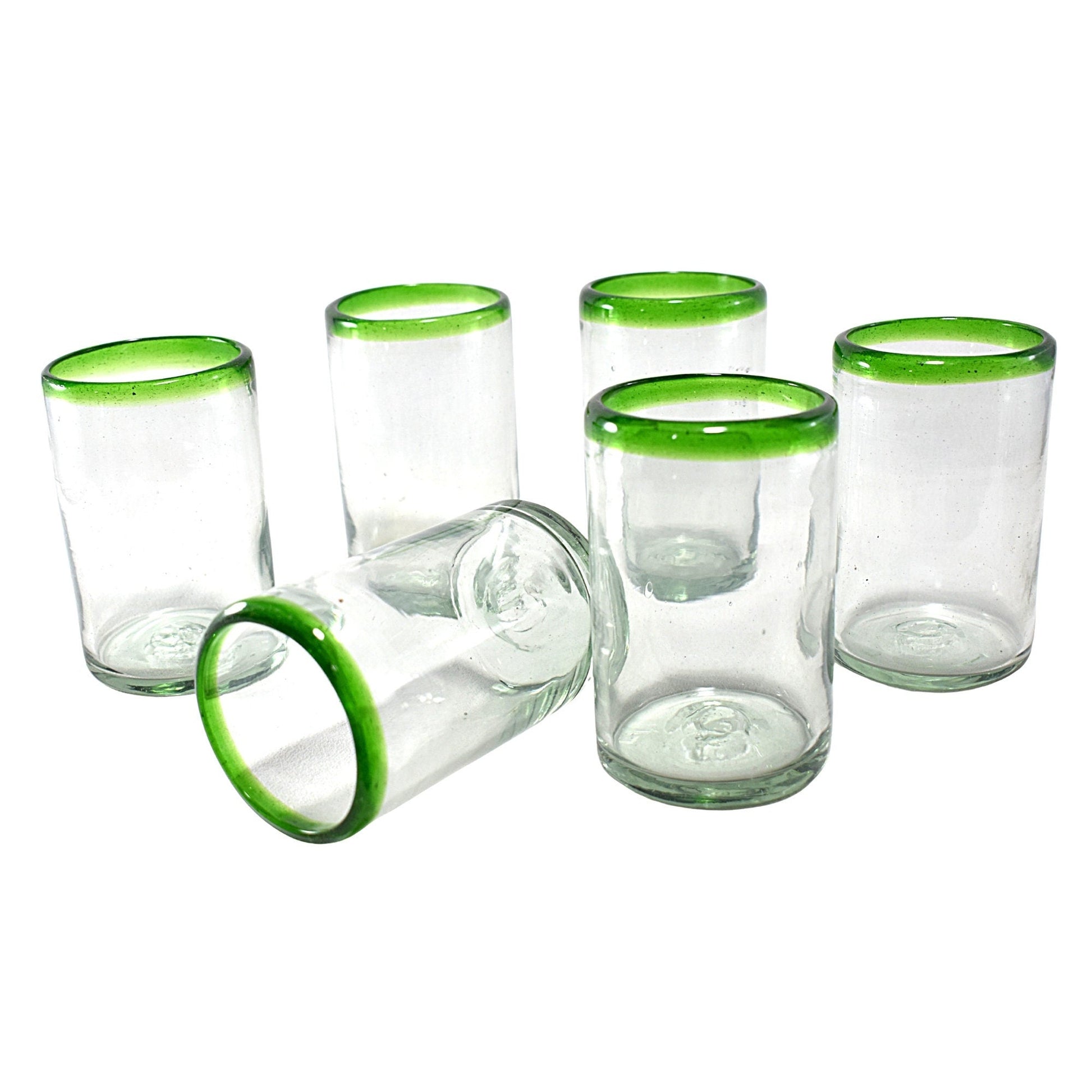 Vasos Vidrio Soplado | Set de 6 Piezas | Hechos Artesanalmente en México | Vaso Old Fashioned | (Filo Verde, Agua 16 Oz.) - MAREY -
