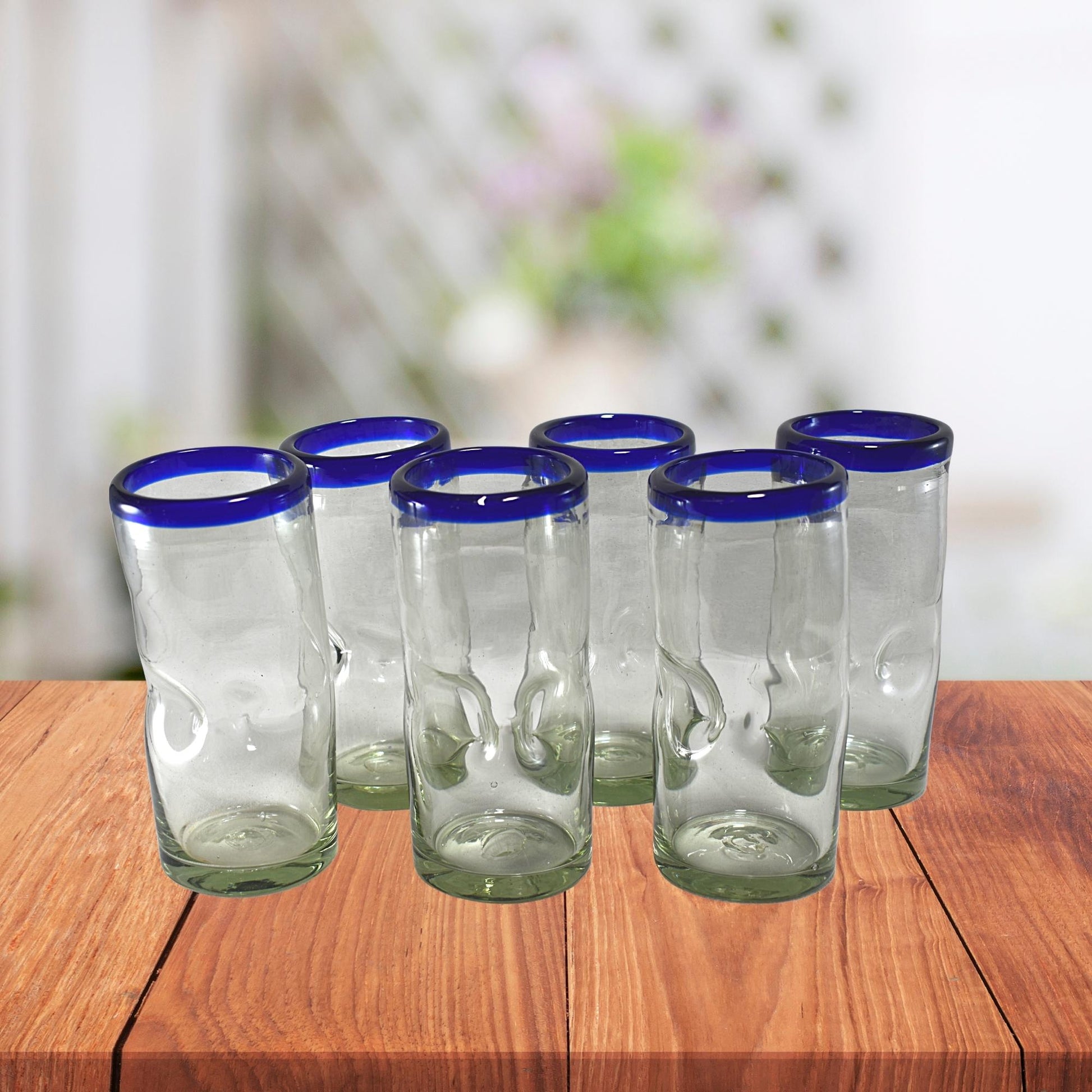 Vasos Vidrio Soplado | Set de 6 Piezas | Vaso Borracho | (Filo Azul Cobalto, 20 Oz.) - MAREY -