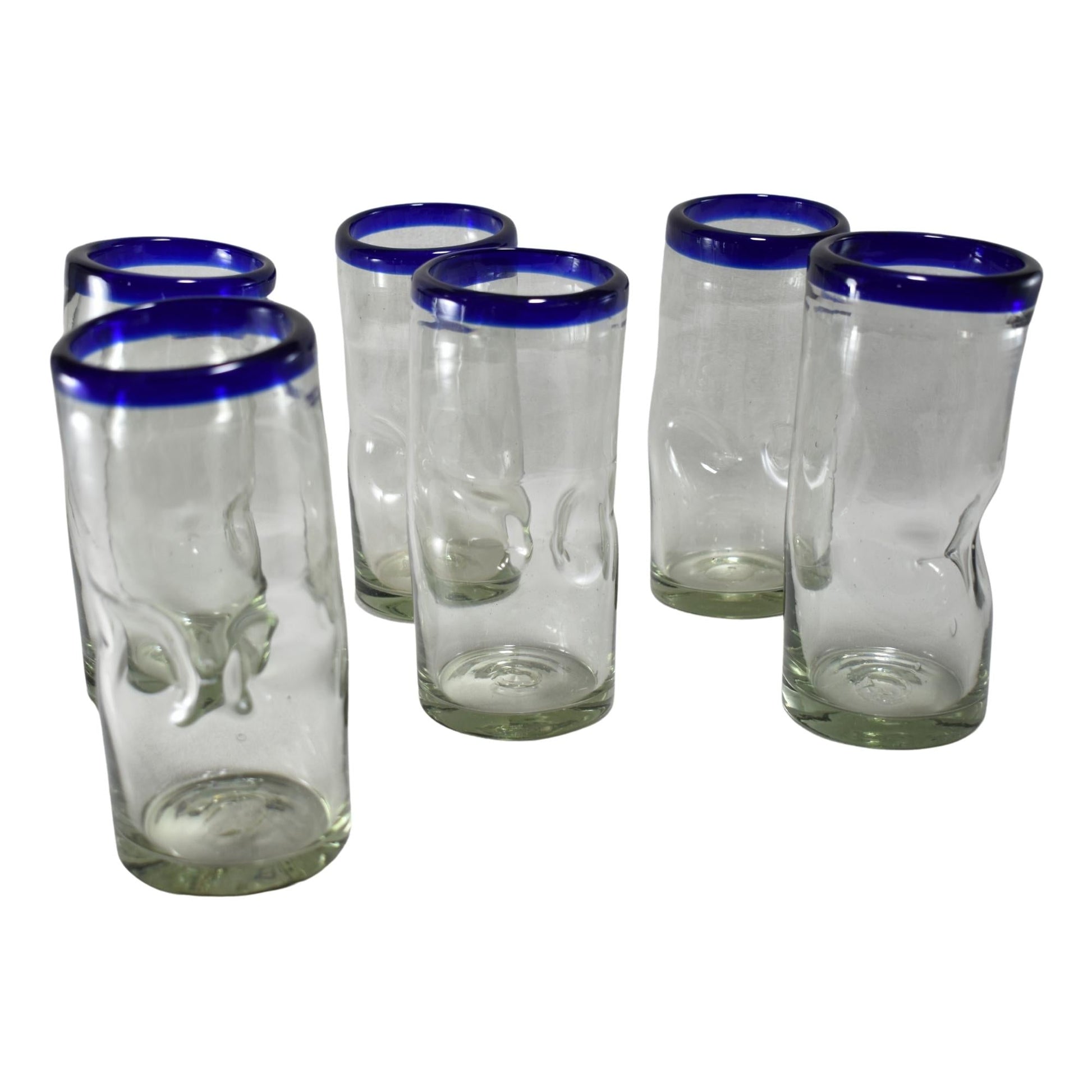Vasos Vidrio Soplado | Set de 6 Piezas | Vaso Borracho | (Filo Azul Cobalto, 20 Oz.) - MAREY -