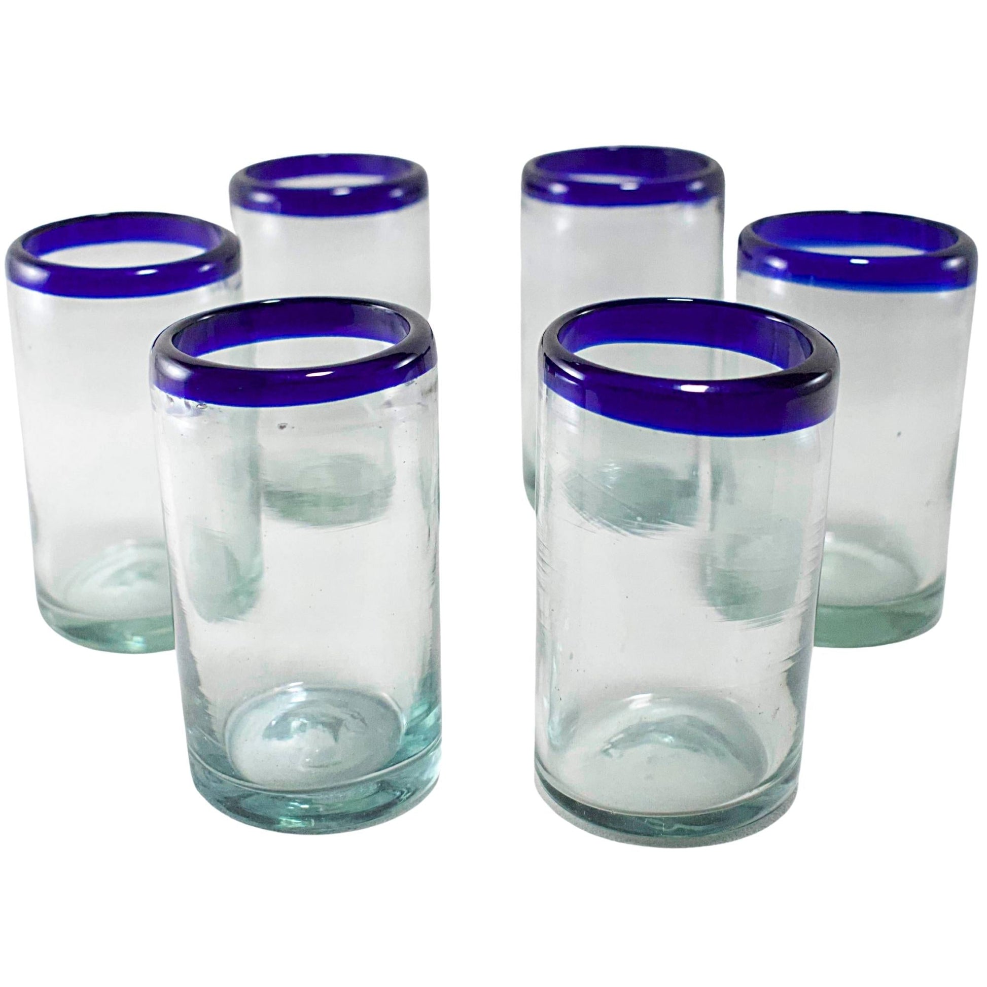 Vasos Vidrio Soplado | Vaso Jugo | Set de 6 Piezas | Hechos Artesanalmente en México | (Filo Azul Cobalto, 8 Oz.) - MAREY -