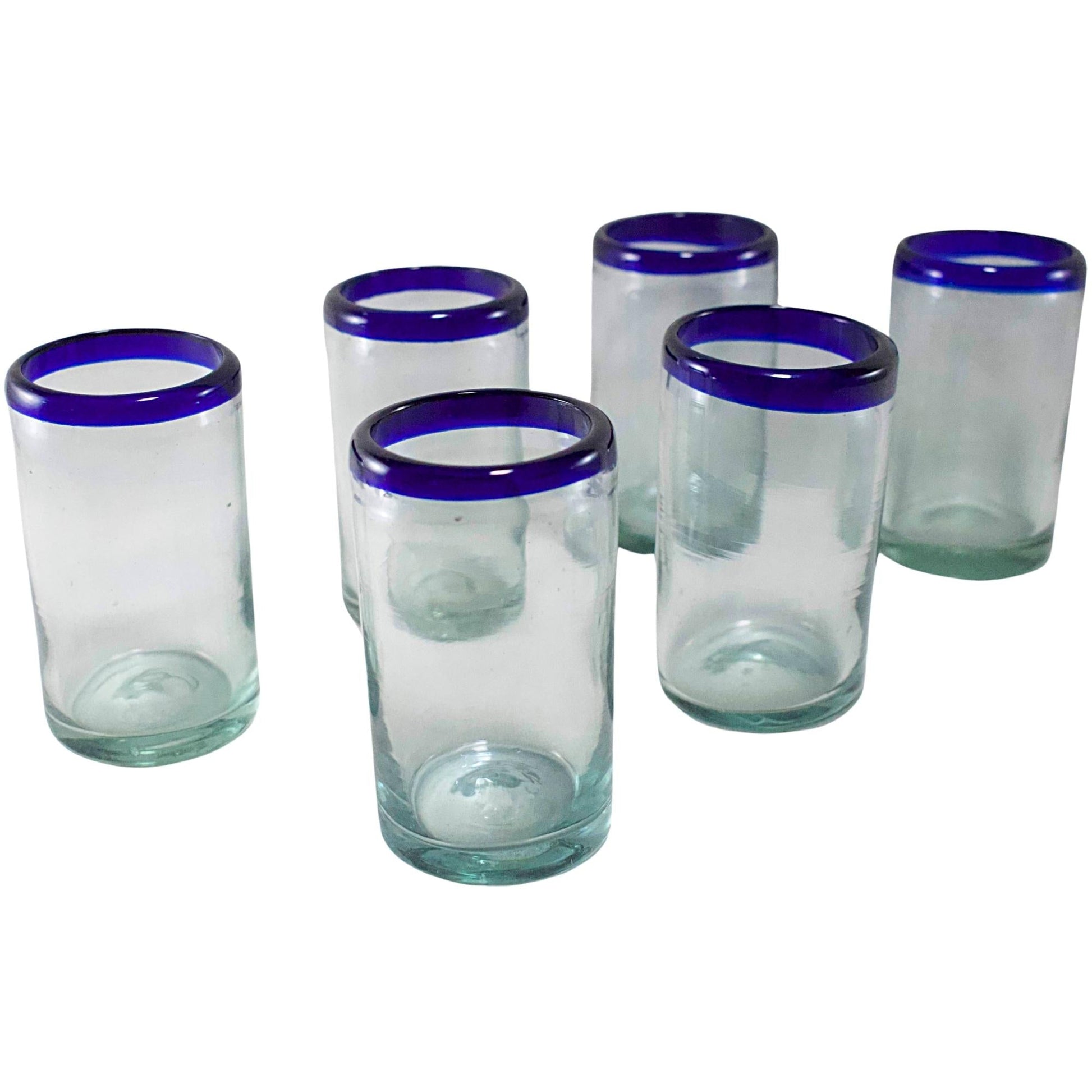 Vasos Vidrio Soplado | Vaso Jugo | Set de 6 Piezas | Hechos Artesanalmente en México | (Filo Azul Cobalto, 8 Oz.) - MAREY -