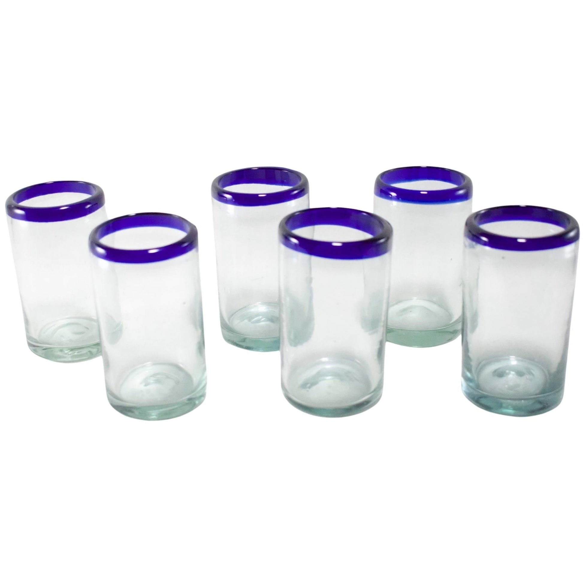 Vasos Vidrio Soplado | Vaso Jugo | Set de 6 Piezas | Hechos Artesanalmente en México | (Filo Azul Cobalto, 8 Oz.) - MAREY -