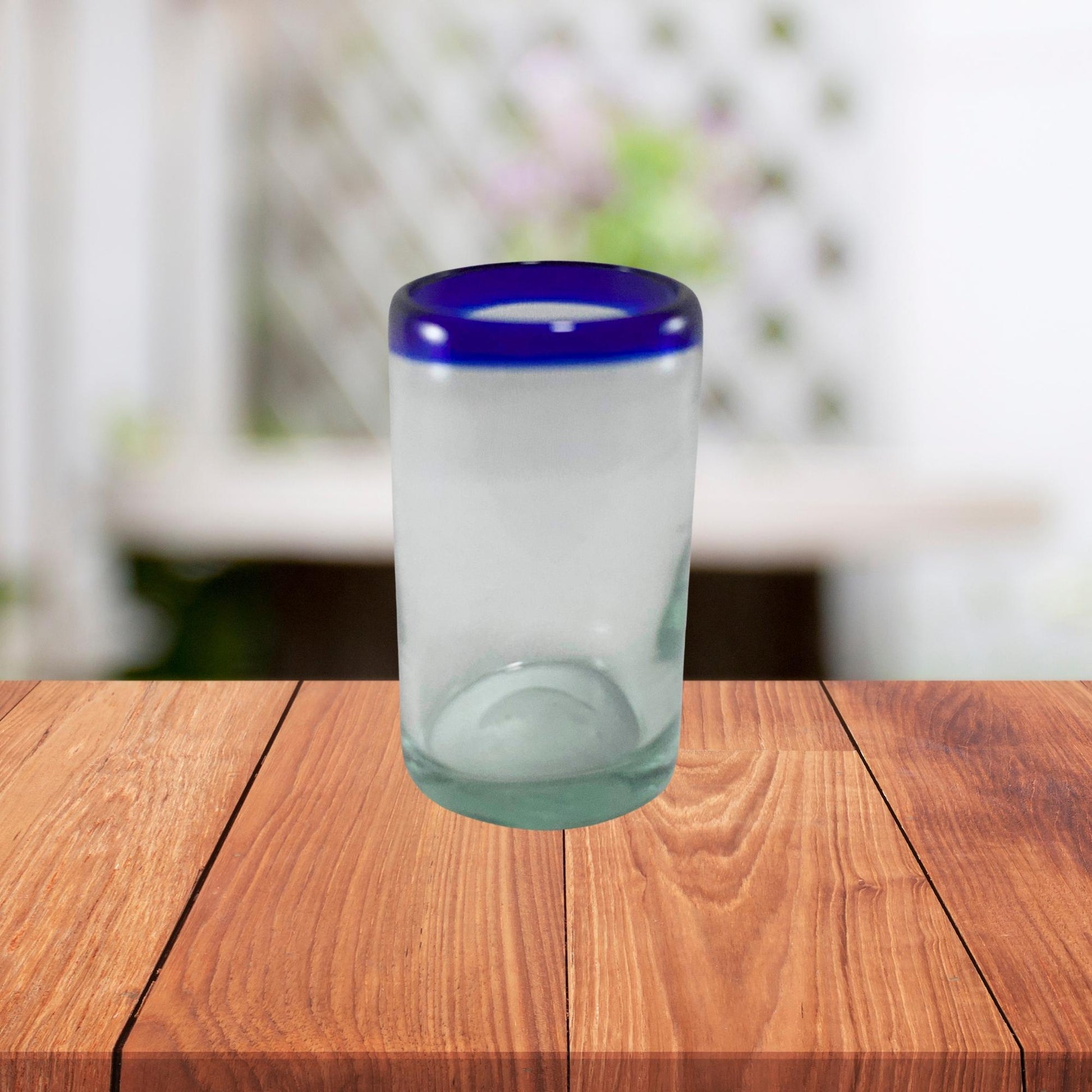 Vasos Vidrio Soplado | Vaso Jugo | Set de 6 Piezas | Hechos Artesanalmente en México | (Filo Azul Cobalto, 8 Oz.) - MAREY -